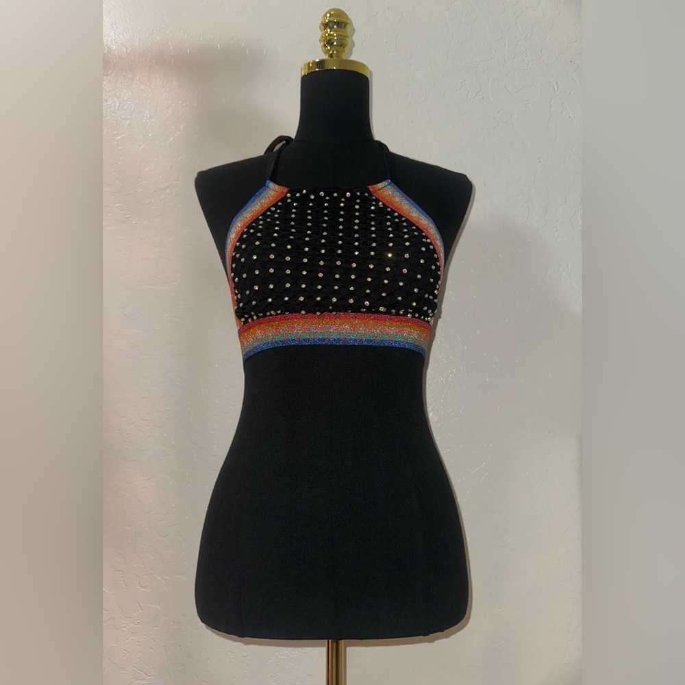 Black Halter Fishnet Crop Top with Rainbow Trim and Stud Detail